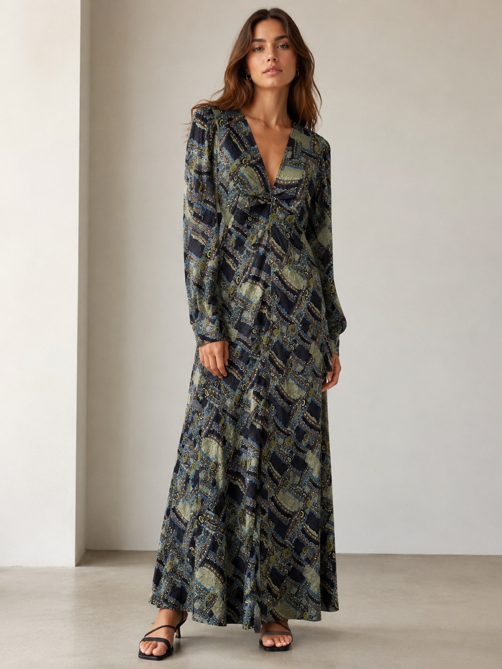 Ganni Paisley Black and Green Maxi Dress with Slit SZ EU 38/US 6
